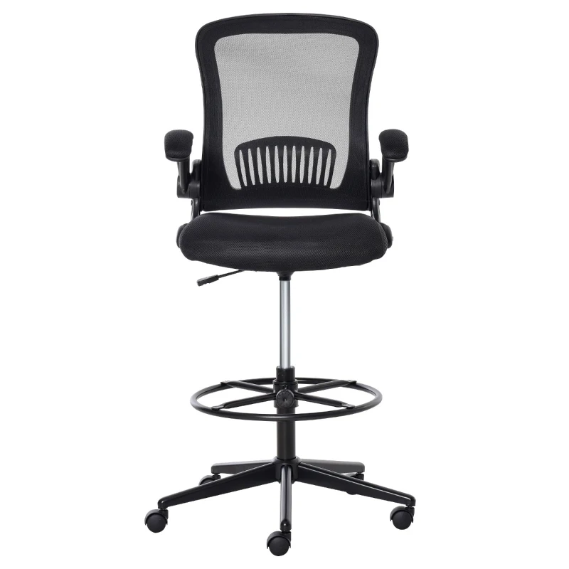 Vinsetto Tall Drafting Desk Chair Computer Desk Home Office Mesh Standing Chair with Mid Back, Foot Ring, Flip-up Arm, 360° Swivel Wheels, Black