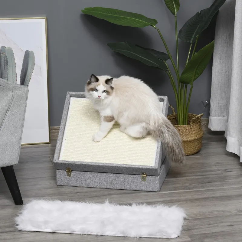 PawHut Cat House Foldable Kitten Cave 2 In 1 Design Condo Pet Bed with Soft Removable Washable Cushions Scratching Pad Suitcase Style Easy to Carry Grey