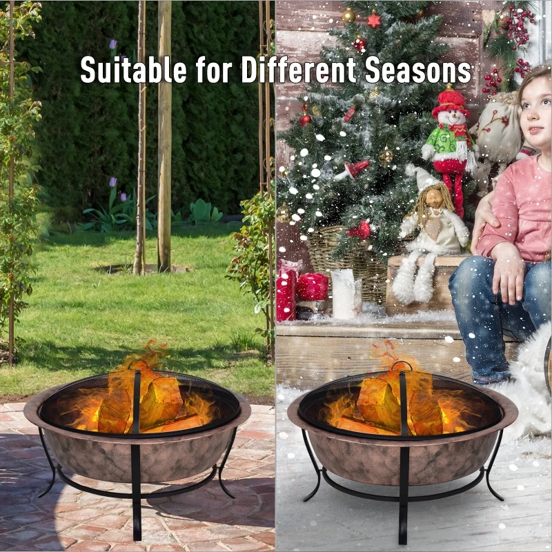 Outsunny 35" Large Steel Round Patio Fire Pit Outdoor Wood Log Burning Heater with Poker & Mesh Cover Copper Basin Firepit