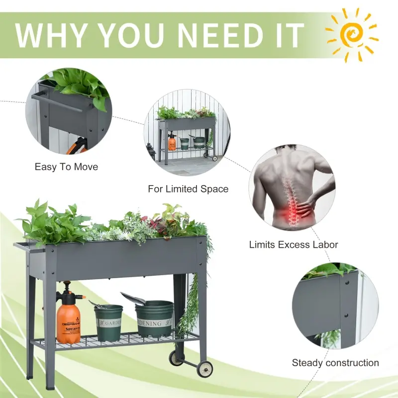 Outsunny 43" x 17" x 32" Elevated Planter Box with Legs Raised Garden Bed Elevated with 2 Wheels, Bottom Shelf for Storing Tools, & Water Drainage Hole, Grey