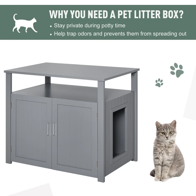 PawHut Wooden Cat Litter Box Enclosure, Adjustable Interior Wall, Pet-Friendly Furniture, Grey