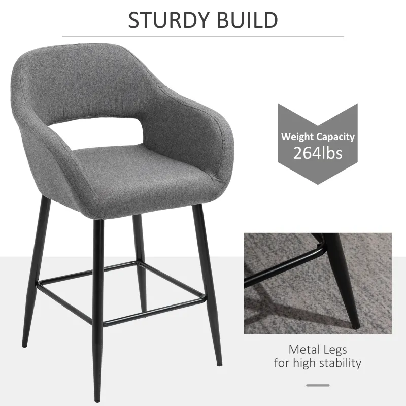 HOMCOM Modern Counter Height Barstool Linen Fabric Upholstered Chair with Footrest & Metal Legs,  Dark Grey