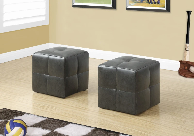 Monarch Two Piece Kids' Padded Upholstered Ottoman Set - Charcoal Grey Leather-Look