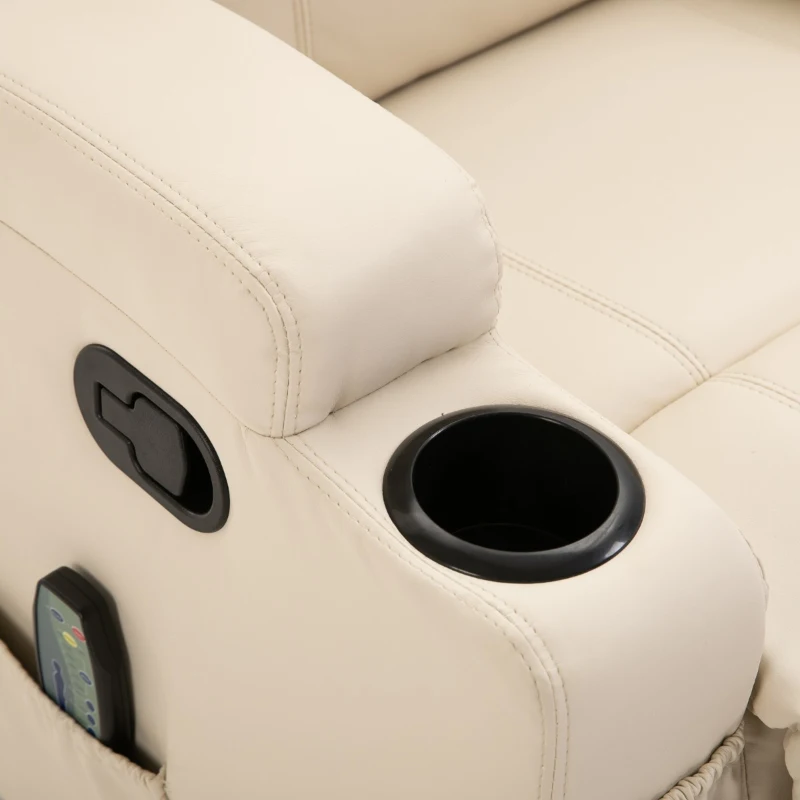 HOMCOM PU Leather Massing Recliner with 8-Point Vibration, Cup Holders, Manual Pull Handle and 360 Swivel, Beige