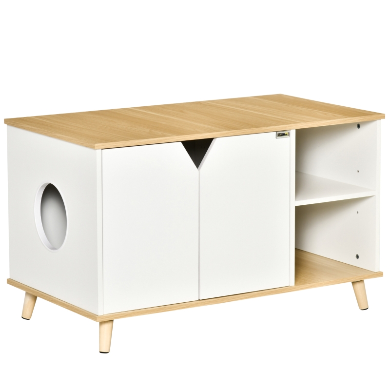 PawHut Cat Washroom with Damping Hinge, Multiple Storage Places, Adjustable Partition