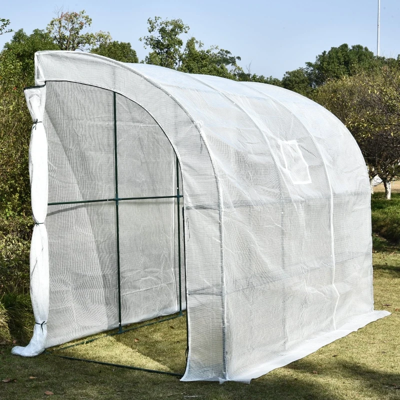 Outsunny 10' x 5' x 7' Lean to Greenhouse, Walk-In Wall Green House Plant Nursery with 2 Roll-up Doors and Window, PE Cover and 3 Wire Shelves, White