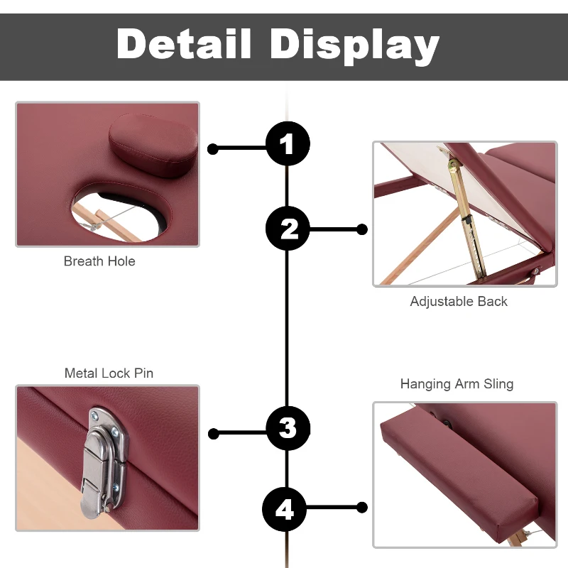 HOMCOM 3 Fold Massage Table w/ Carry Case Foldable Facial Spa Couch Dark Red