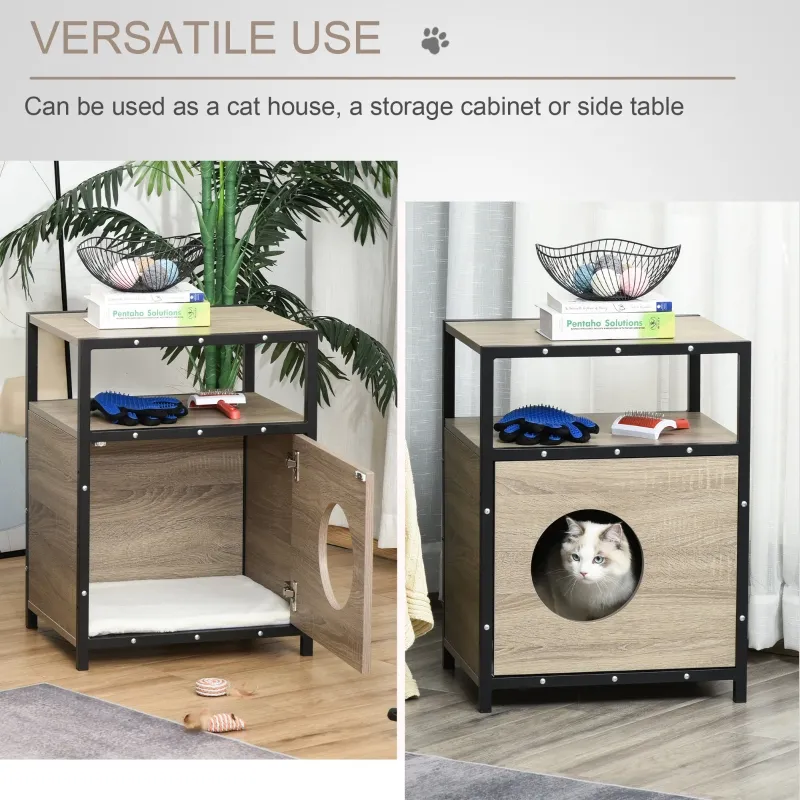PawHut Wooden Cat House Kitten Condo Shelter Bed w/Soft Cushion Cat Litter Box Enclosure End Table Hideaway Cabinet Storage, Grey