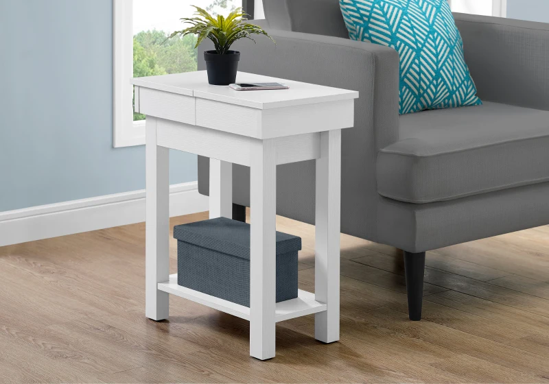 Monarch 24" Modern Two-Tier Slide-Open Storage Top Wood Grain-Look Side Accent Table - White Finish