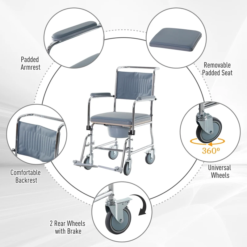 HOMCOM Shower Rolling Chair Personal Mobility Assist Bedside Commode Toilet Chair with Detachable Bucket Armrest Wheelchair Design Armchair for Elder Disabled Pregnant, Grey