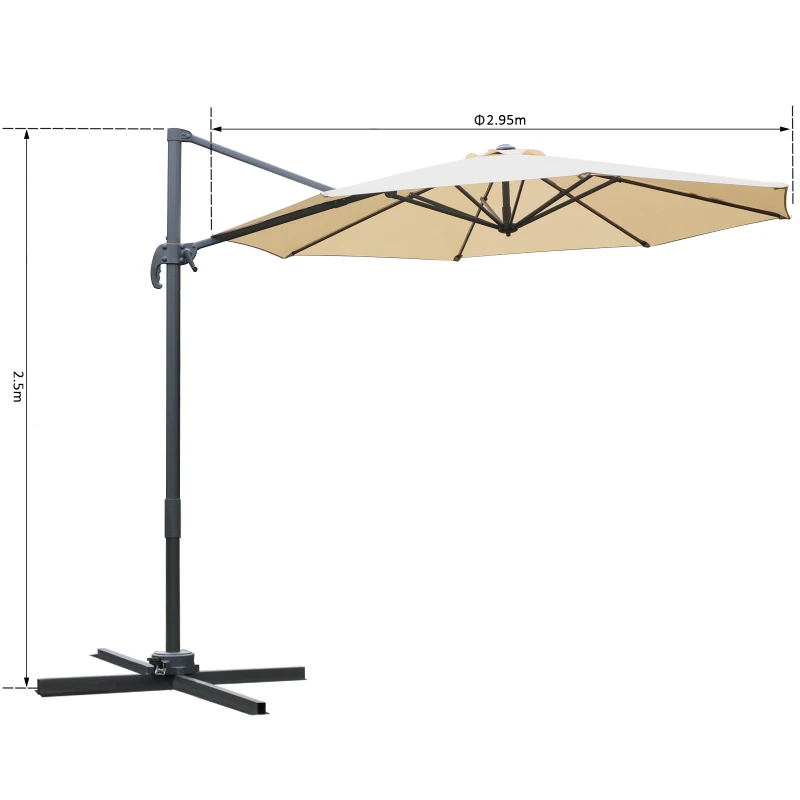 Outsunny 9.7ft Round Cantilever Hanging Umbrella Outdoor Offset Market Umbrella 360° Rotation w/ Cross Base Garden Sun Shade Beige