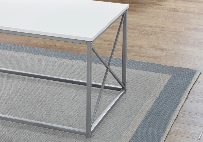 Monarch 3 Piece Modern Minimalist X Braced Laminate Top Coffee Table / Two Matching End Tables Set - White, Silver Metal
