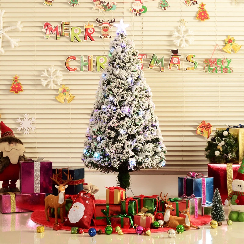 HOMCOM 5ft Xmas Tree Pre-Lit LED Optic Fiber with Top Star Christmas Tree Fireproof Snowy Artificial Tree w/ Stand Green/White