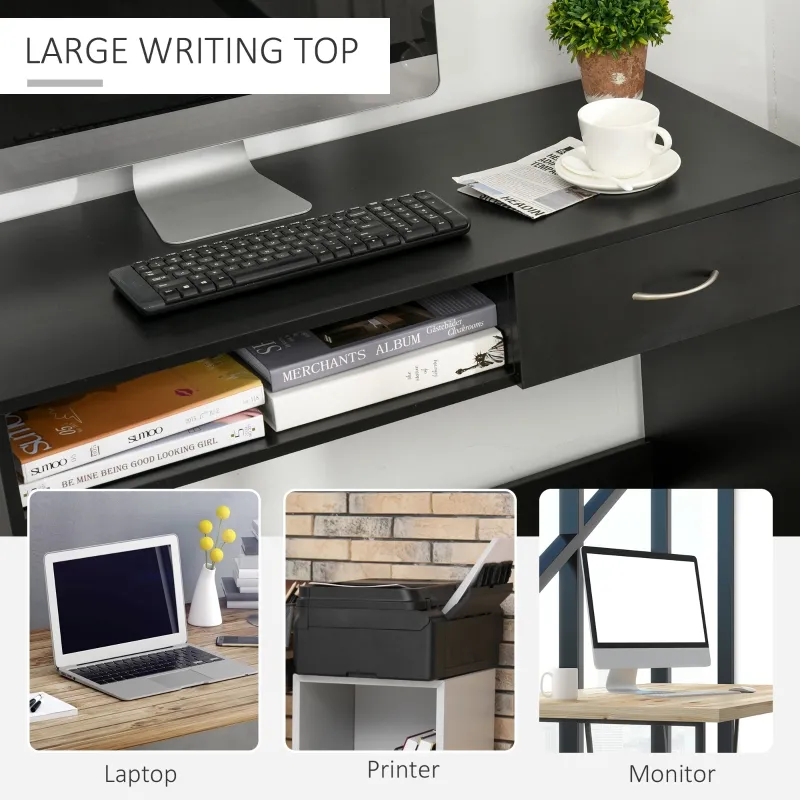 HOMCOM Modern Computer Desk with Drawer, Writing Table with Storage Shelf, Home Office Workstation, Black