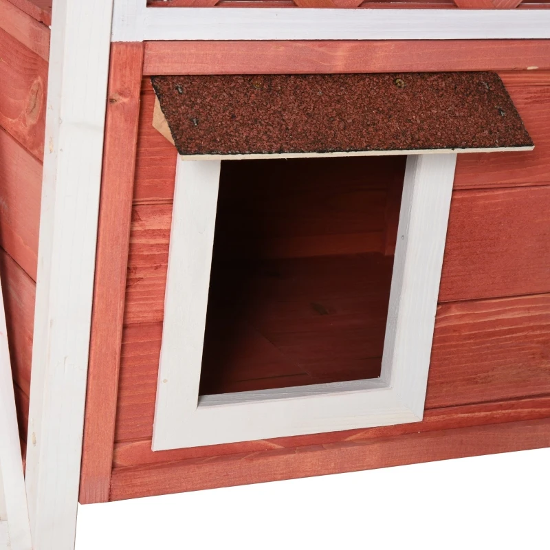 PawHut Outdoor Cat House Wooden Feral Cat Shelter, 2-Story Kitten Condo with Sisal Ramp, Weatherproof Roof and Balcony, Red