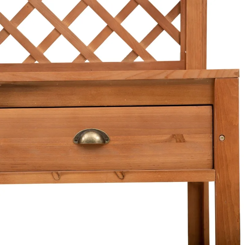 Outsunny Garden Potting Bench, Outdoor Wooden Workstation Table w/ Metal Screen, Drawer, Hooks, Storage Shelf, and Lattice Back for Patio, Backyard and Porch