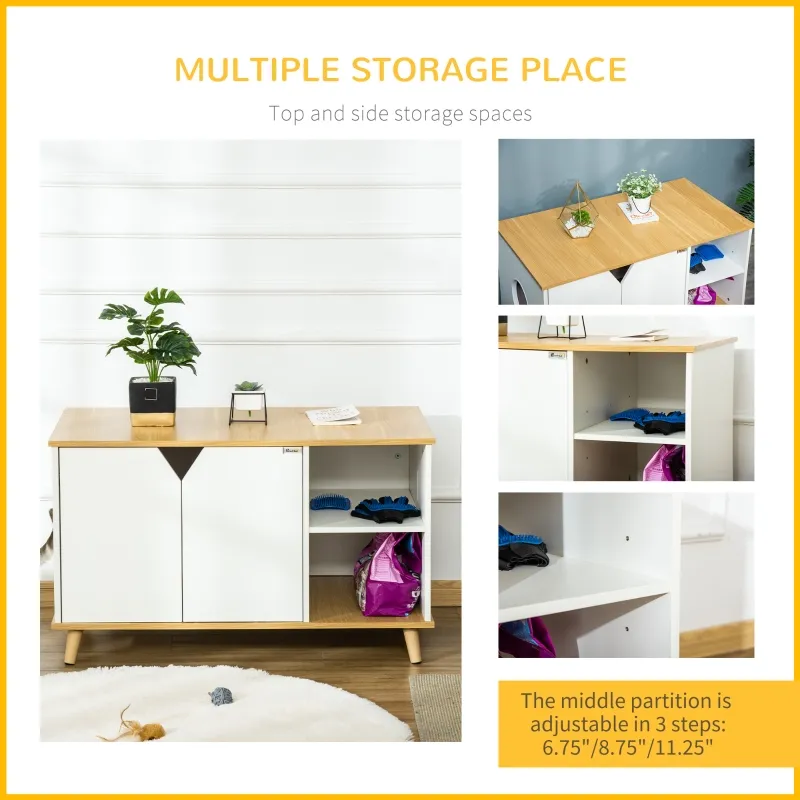 PawHut Cat Washroom with Damping Hinge, Multiple Storage Places, Adjustable Partition