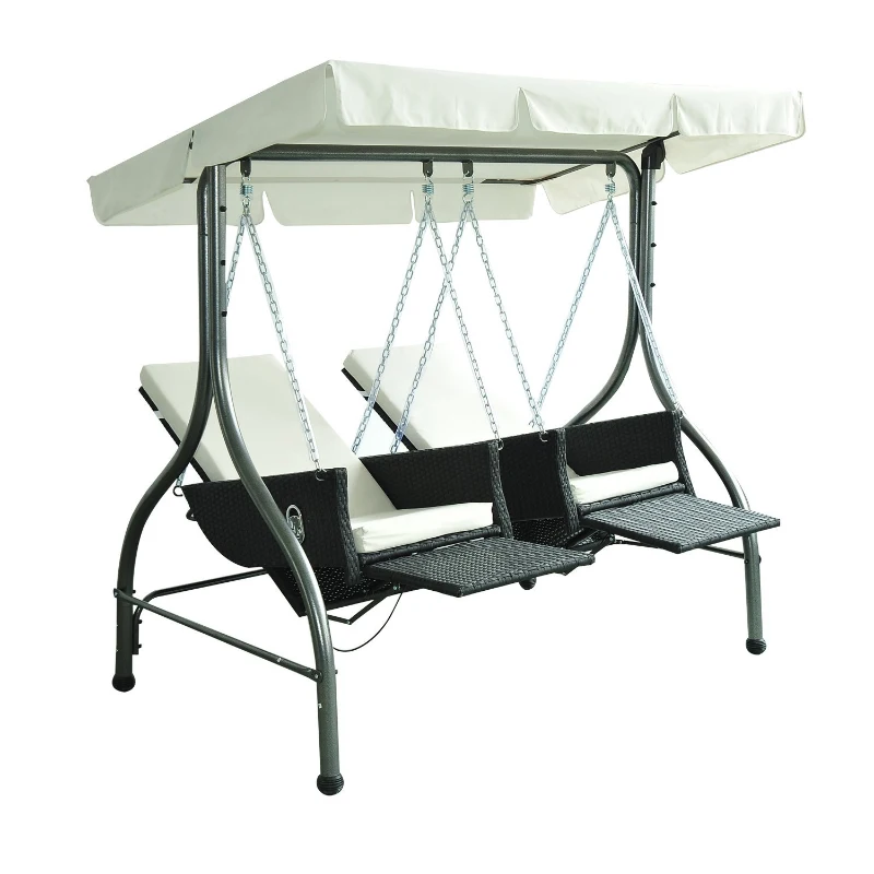 Outsunny Luxury Heavy-Duty Patio Swing Chair 2 Separated Seats Rattan Wicker Recliner Seat Garden Outdoor Canopy Cushion Steel, Black & Cream-white