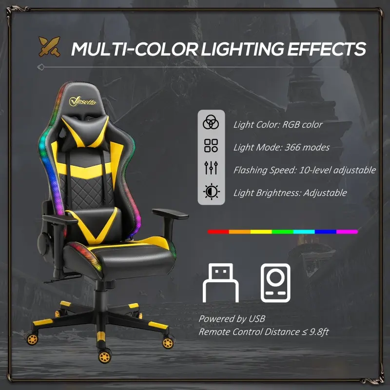 Vinsetto Racing Gaming Chair with RGB LED Lights, Adjustable Height, Gamer Office Chair, Computer Desk Chair, Black/Yellow