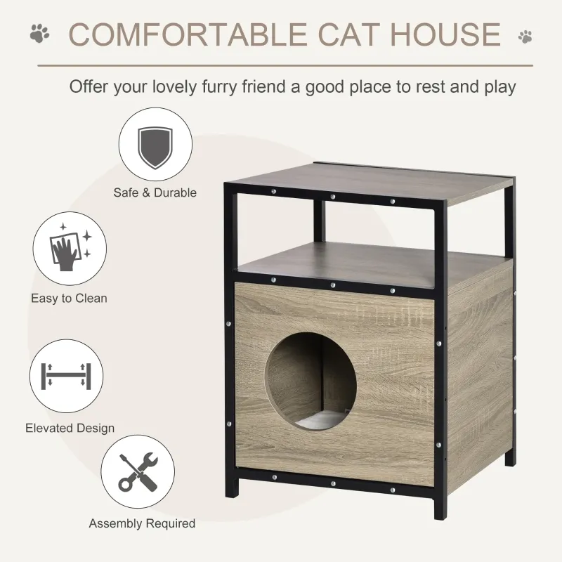 PawHut Wooden Cat House Kitten Condo Shelter Bed w/Soft Cushion Cat Litter Box Enclosure End Table Hideaway Cabinet Storage, Grey