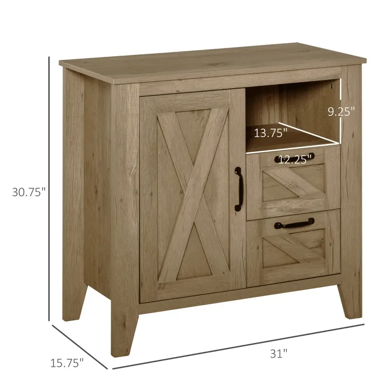 HOMCOM Sideboard, Farmhouse Buffet Cabinet with Storage Open Shelf, 2 Drawers and Open Countertop, Oak Finish