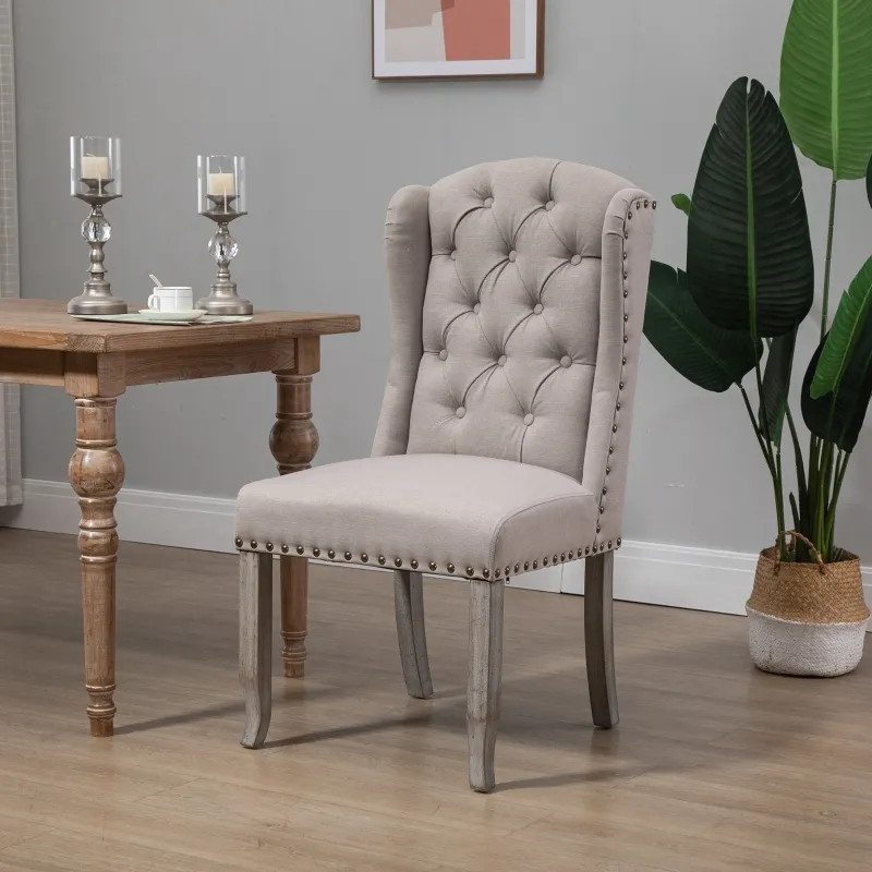 HOMCOM Button Tufted Dining Chair, French Accent Chair with Wingback, Nailhead Trim and Wood Legs, Beige