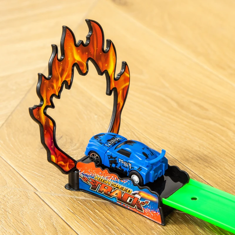 Qaba Race Track Set Track Builder Loop Kit Criss Cross Track Set Starter Kit with Pull-back Cars for 3-6 years old Boys and Girls Green