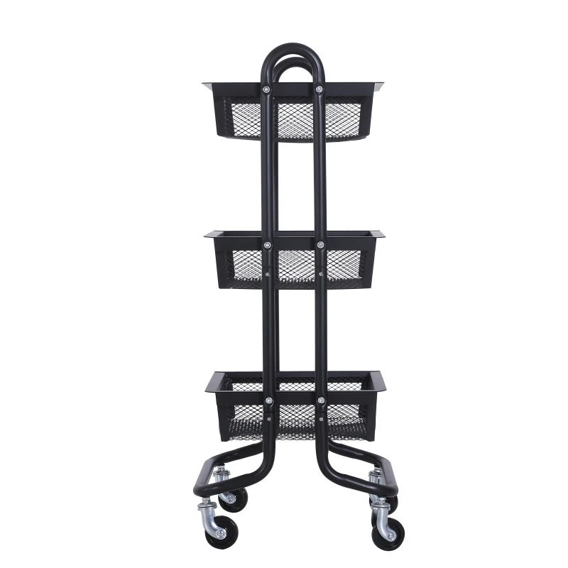 HOMCOM 3-Tier Rolling Cart Multifunction Utility Cart Storage Cart Trolley on Wheels with Mesh  Metal Basket Black