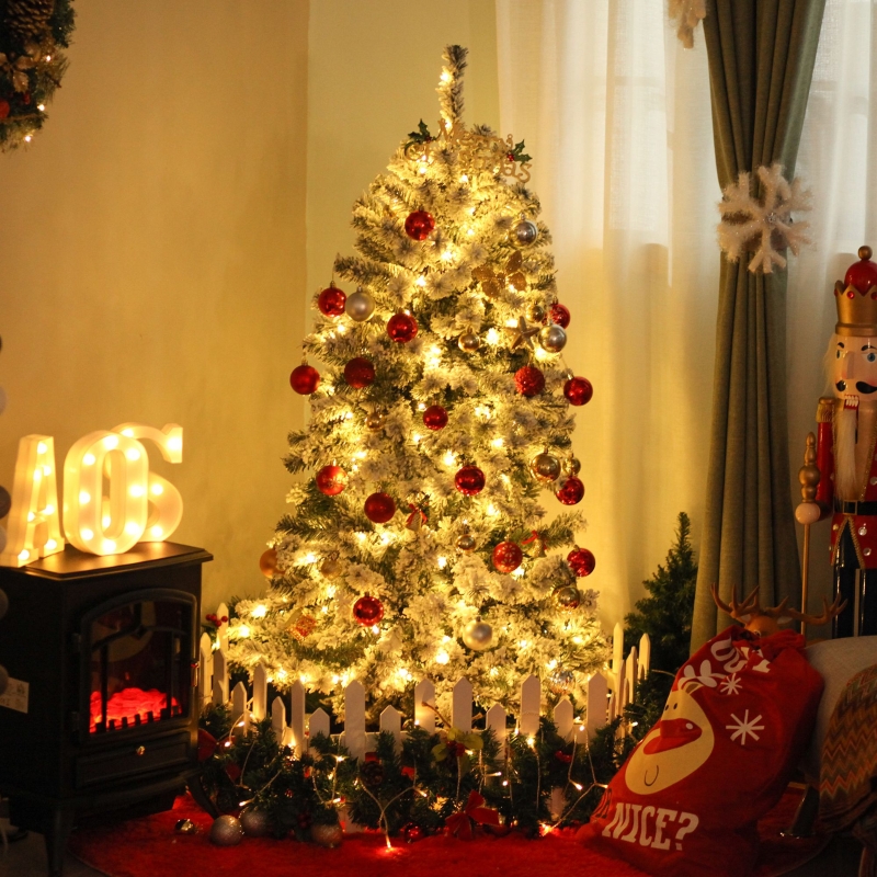 HOMCOM 6ft Snow Flocked Artificial Tree 250 LED Light 928 Branches Christmas Season
