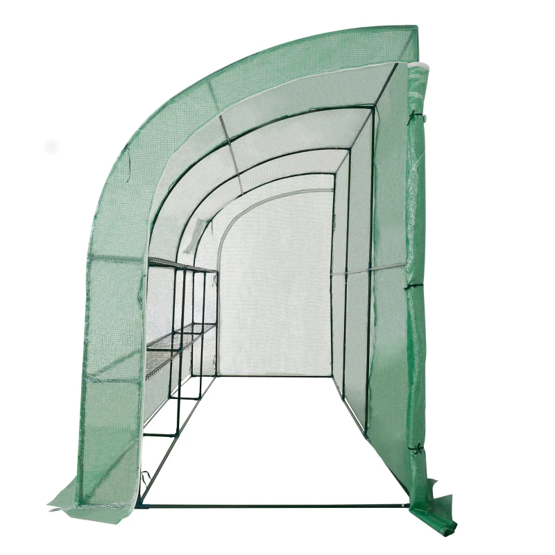 Outsunny 10' x 5' x 7' Lean to Greenhouse, Walk-In Wall Green House Plant Nursery with 2 Roll-up Doors and Window, PE Cover and 3 Wire Shelves, Green