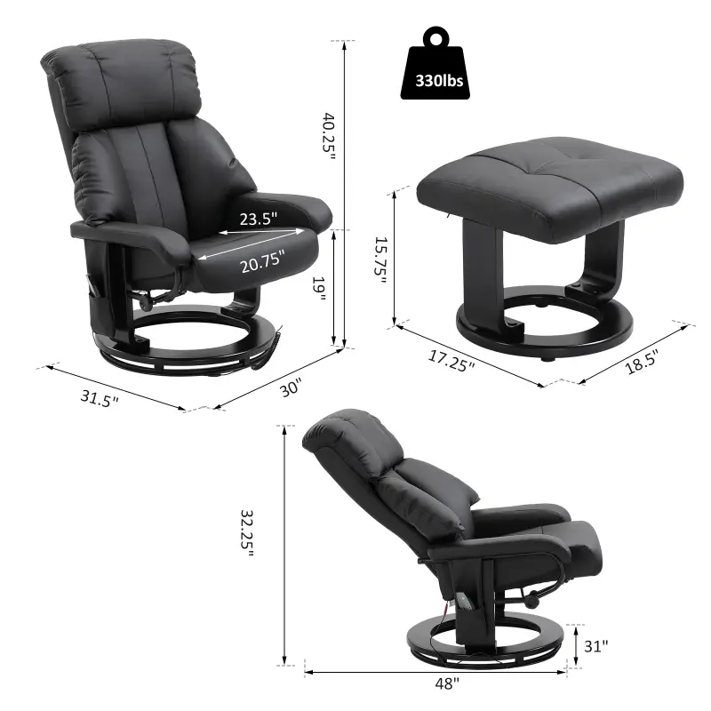 HOMCOM Massage Recliner Chair with Ottoman, 360° Swivel Recliner and Footstool, PU Leather Reclining Chair with Side Pocket and Remote Control, Black