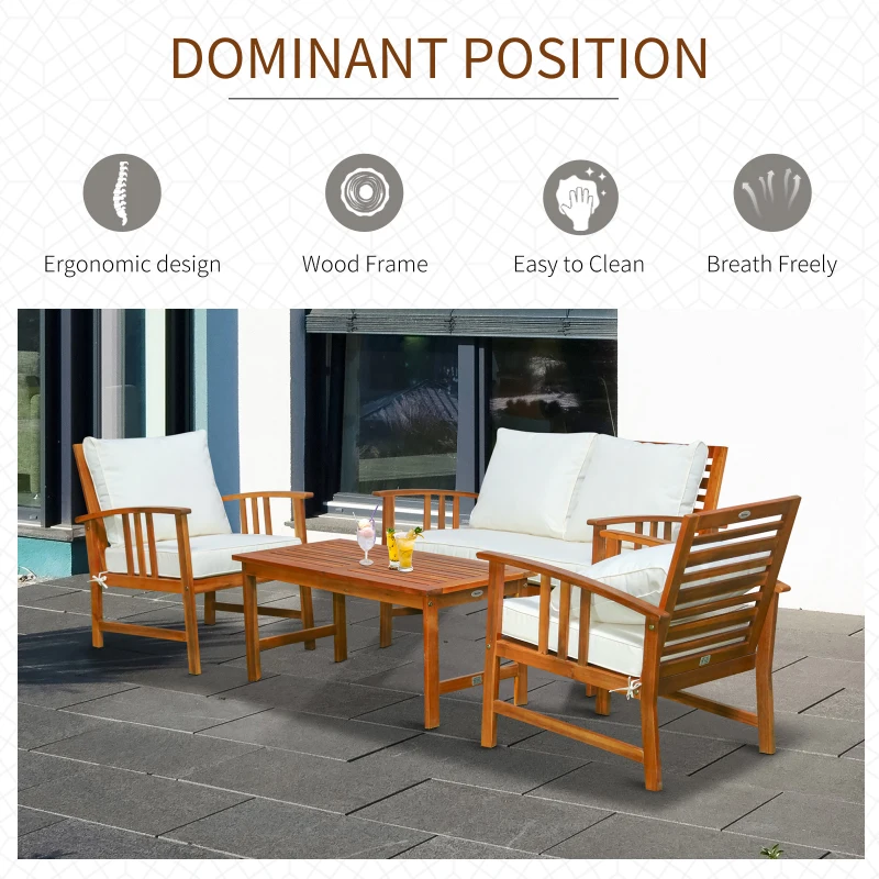 Outsunny 4 Piece Solid Acacia Wood Conversation Set Outdoor Patio Furniture Chat Set w/ Armchairs, Loveseat, Center Coffee Table & Cushions Teak/Cream