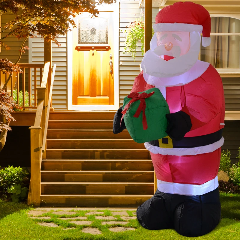 HOMCOM 8FT Tall Inflatable Santa Holding Gift Box Outdoor Lighted Airblown Christmas Decoration Holiday Lawn Yard Decor
