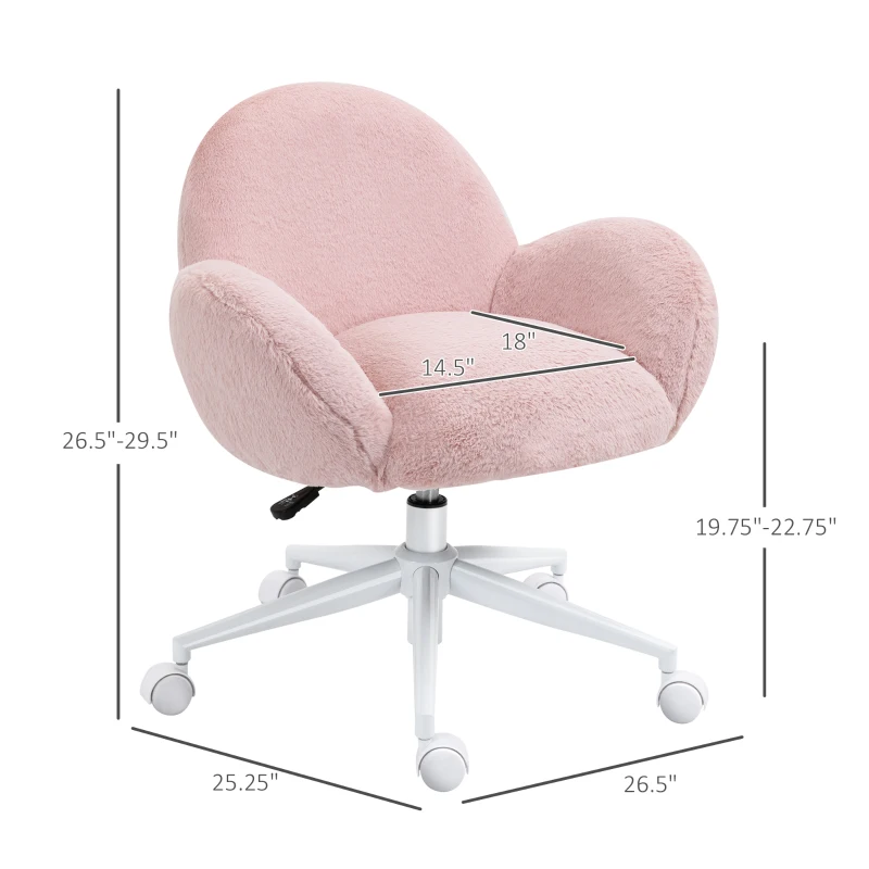 HOMCOM Faux Fur Leisure Chair Accent Chair Office Swivel Chair with Mid-Back Wide Design, Adjustable Seat Height, Steel Base, Wheels, Pink