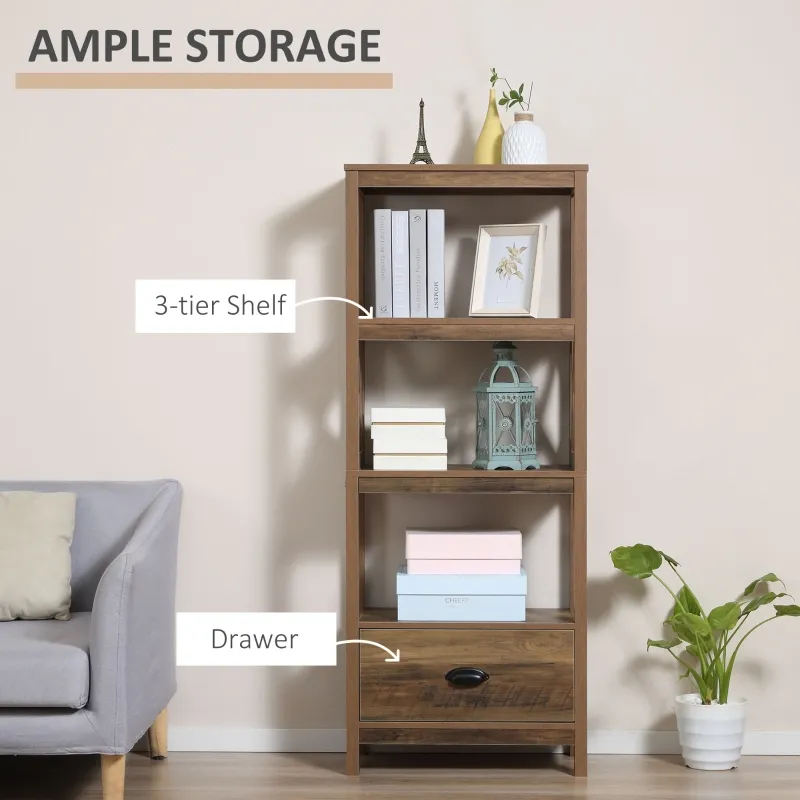 HOMCOM Farmhouse Chic 3-Tier Shelf Bookcase Display Rack with Drawer for Living Room, Bedroom, Office, Natural Wood