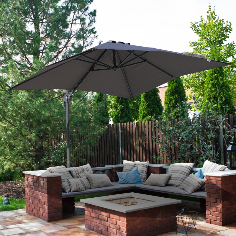 Outsunny 8‘x8’ Square Patio Offset Hanging Cantilever Umbrella 360° Rotation w/ Cross Base Grey