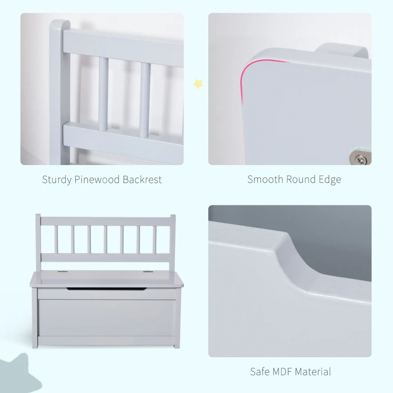 Qaba 2-in-1 Kids Wooden Toy Organizer Chest Storage Box with Seat Bench Cabinet Chunk Cube with Safety Pneumatic Rod Gray