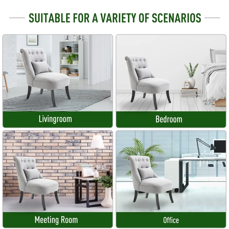 HOMCOM Small Button-Tufted Accent Chair Mid-Back Leisure Armchair with Upholstered Fabric, Solid Wood Legs, and Support Pillow, Grey