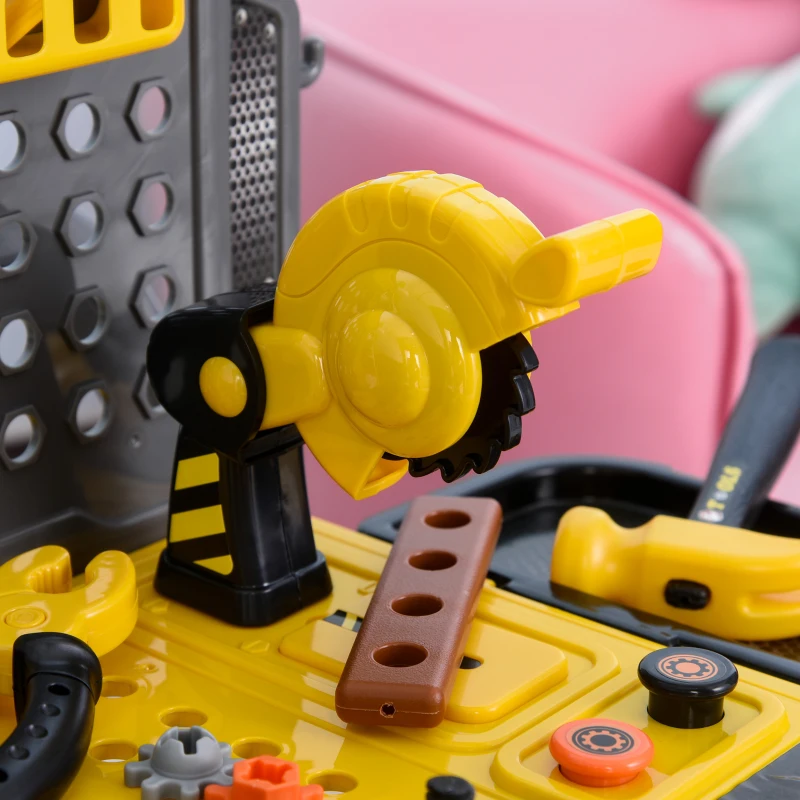 Qaba Workbench Set Pretend Play Toy with Realistic Tools 3-in-1 Design Suitcase Cart with 60 Pcs Accessories for Girls and Boys 3 to 6 Years Old Yellow