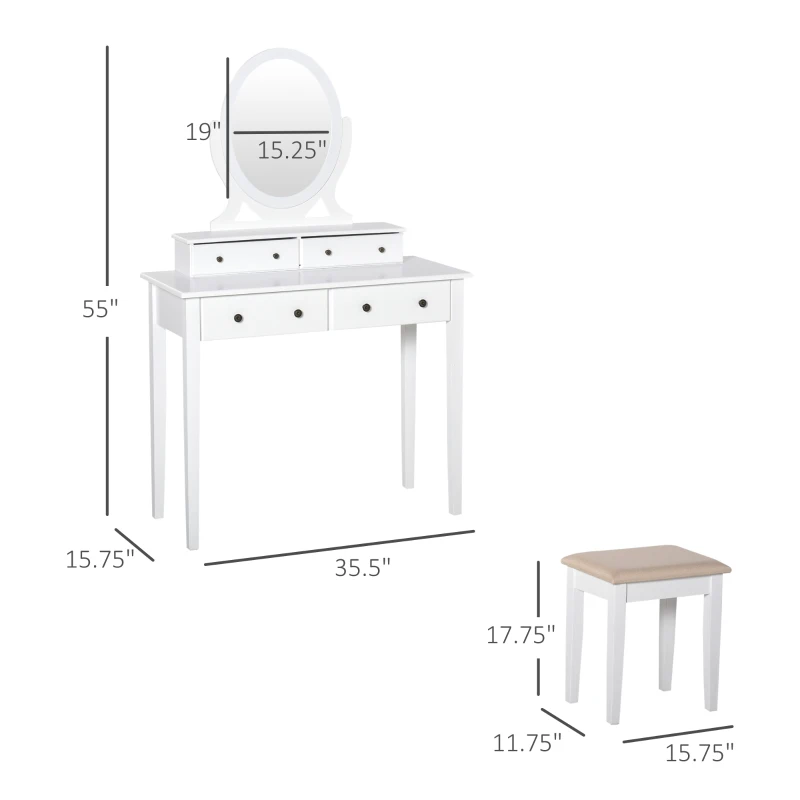 HOMCOM Vanity Dressing Table with 360° Rotating Mirror and Cushioned Stool, Makeup Desk Dresser with 4 Drawers, White