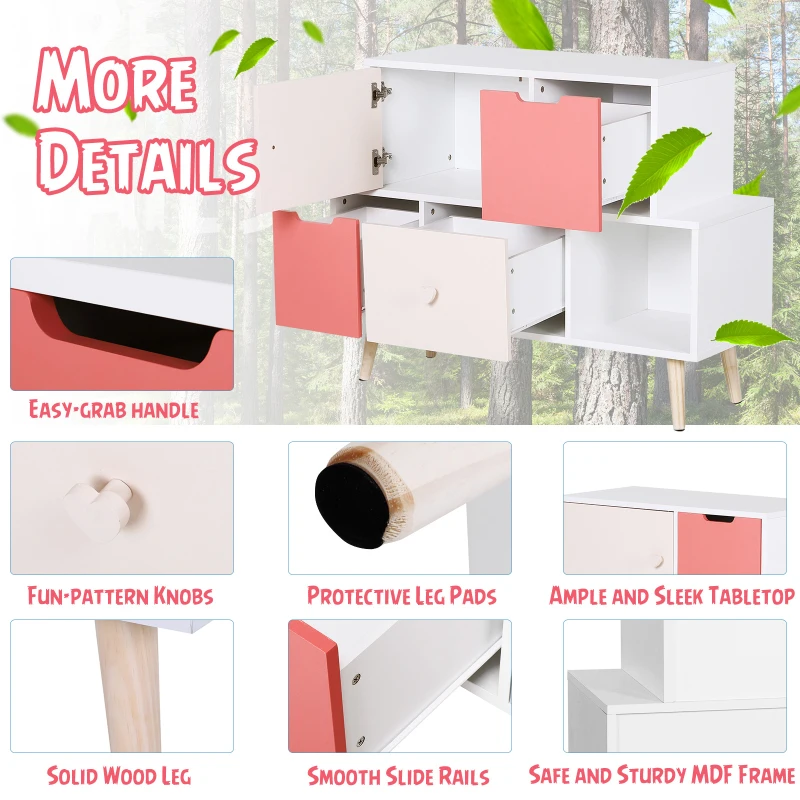 HOMCOM Kids Cabinet Bedroom Storage Organization Unit Bedroom Pink