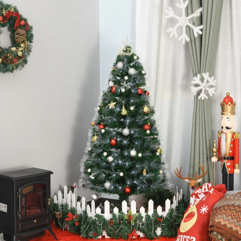 HOMCOM 5ft Tall Pre-Lit Douglas Fir Artificial Christmas Tree with Fiber Optic Ball LED Lights and 180 Tips, Green
