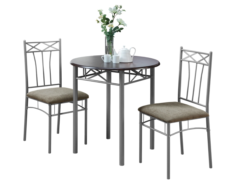 Monarch 3-Piece Modern 30" Round Wood Grain-Look Top Grey Metal Frame Table and Padded Chairs Dining Bistro Set - Cappuccino Brown Finish