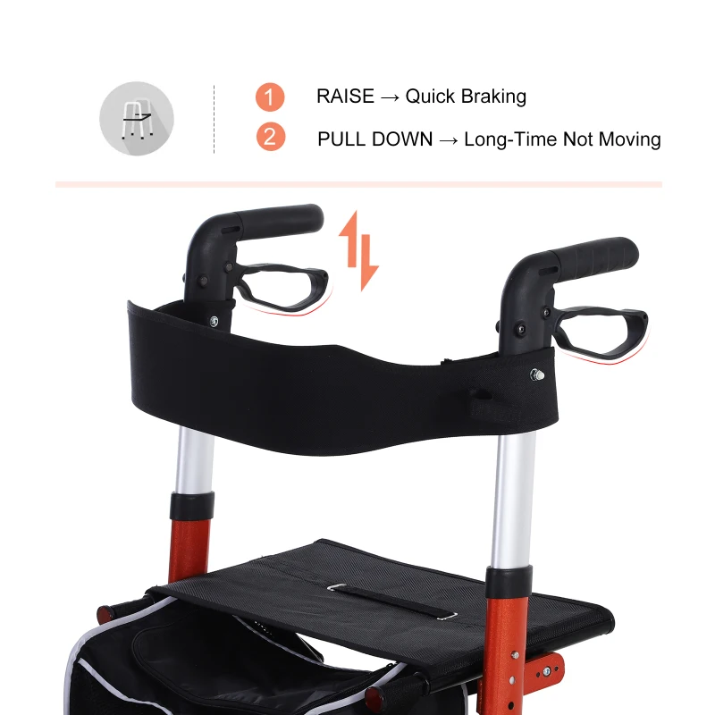 HOMCOM Aluminum Transport Rollator Walker 1-Step Open W/ Adjustable Seat  Bag  Crutch Holder