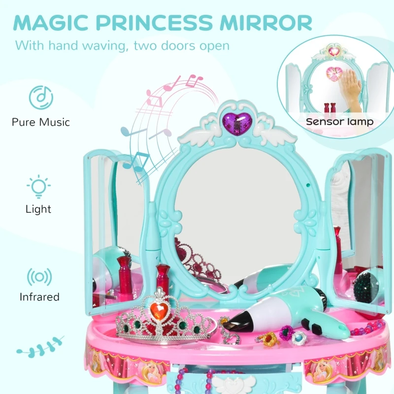 Qaba 32 PCS Kids Vanity Dressing Table Play Set w/ Magic Princess Mirror, Light & Music