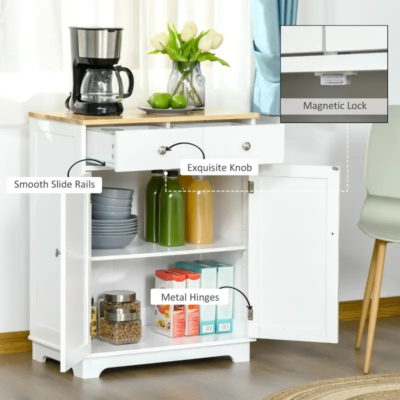 HOMCOM Kitchen Storage Cabinet, Sideboard Floor Cupboard with Solid Wood Top, Adjustable Shelf, and 2 Drawers for Living Room, and Hallway, White