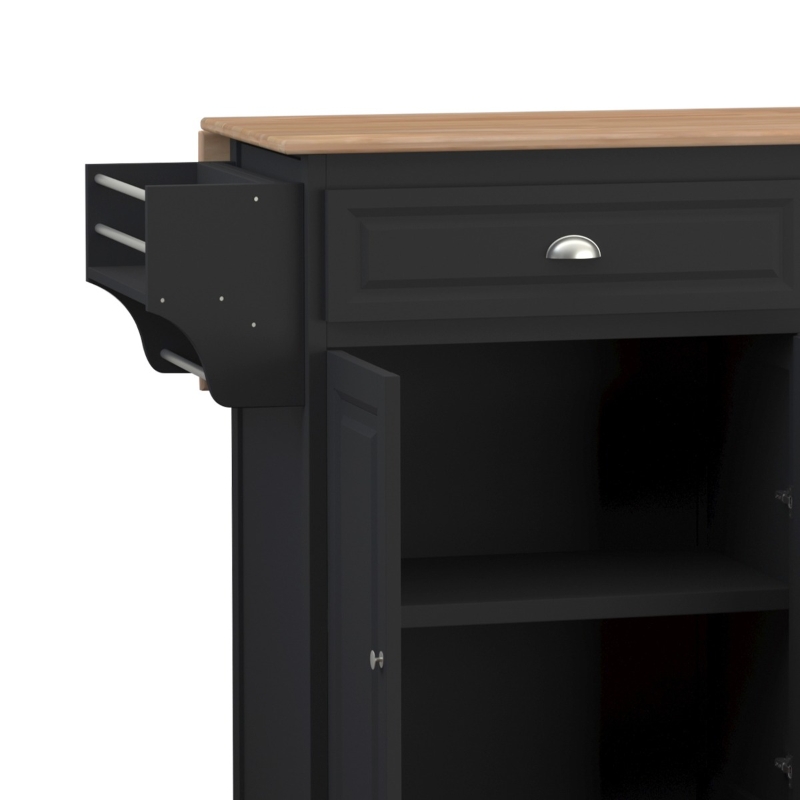 HOMCOM Rolling Kitchen Island on Wheels Ultility Cart with Drop-Leaf and Rubber Wood Countertop, Storage Drawer, Door Cabinet, Black
