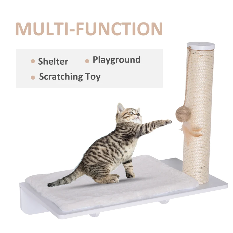 PawHut Wall-Mounted Cat Shelf W/ Scratching Post  Toy  Berber Fleece Mat Wood Kitten Climbing Tree