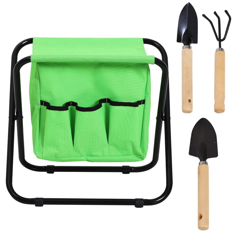 Outsunny Heavy Duty Folding Lightweight Stool Chair w/ Tool Bags and 3 Tools Garden Outdoor  Green