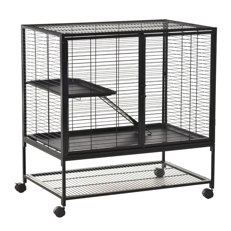 PawHut 42" Small Animal Cage with Wheels Removable Tray, 2-Tier Pet Playpen for Ferrets Chinchillas Guinea Pigs Kittens with Platform, Ramp